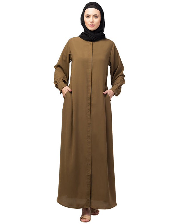 Modern Daily wear abaya with front opening and hidden placket in Color Gold